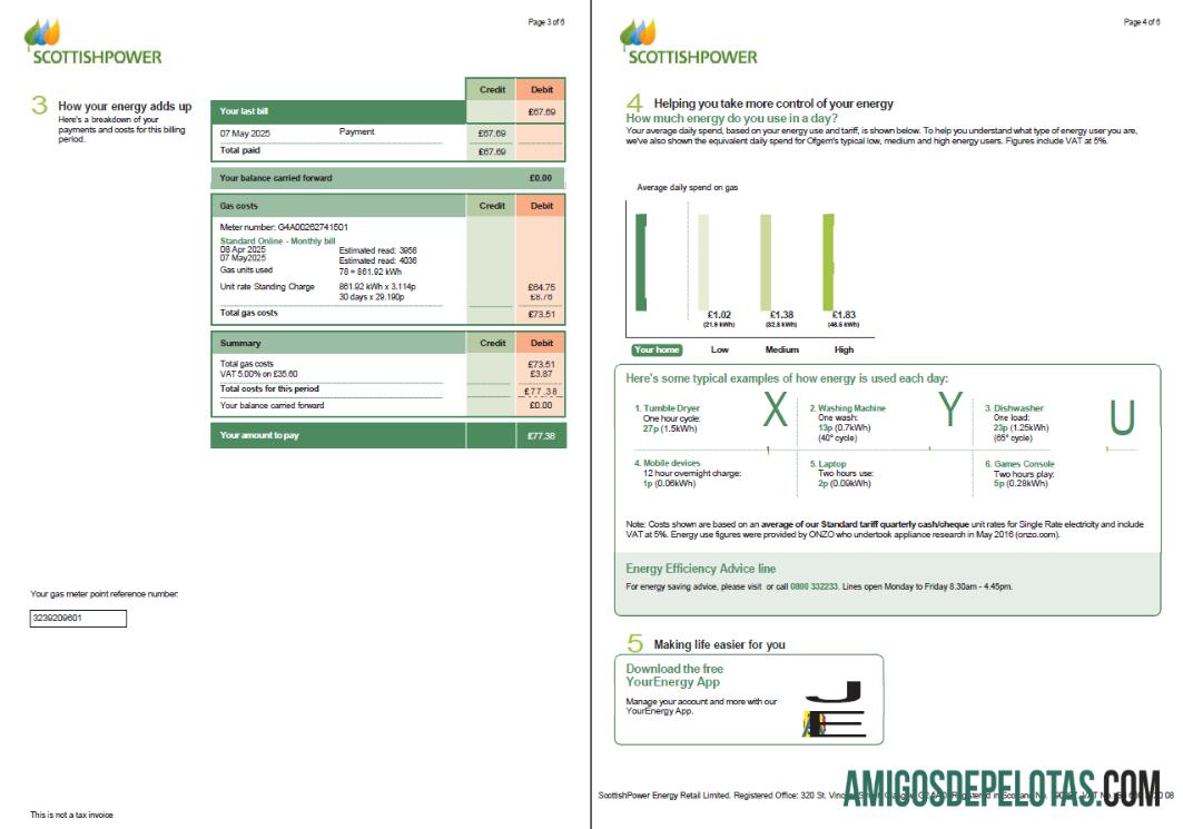 imprimível Modelo de projeto de lei de serviços públicos de energia escocesa da Escócia em formatos Word e PDF, 6 páginas, 3 4 páginas